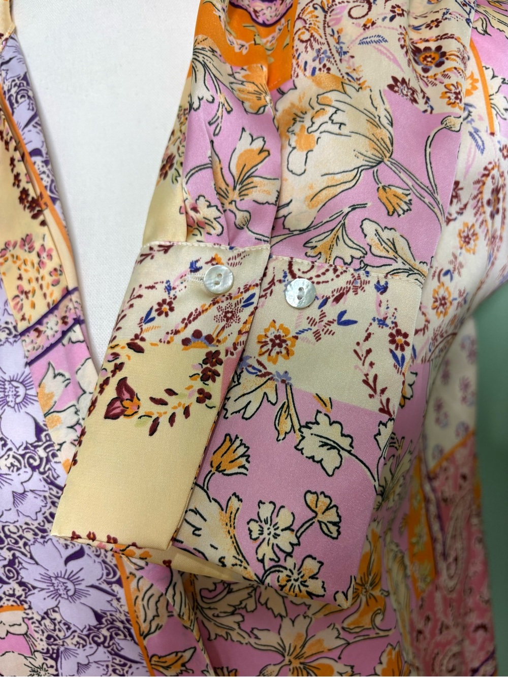 Zara Patchwork Floral Satin Button-Down Shirt - Pink, Cream, Lavender, Gold - Picture 6 of 10